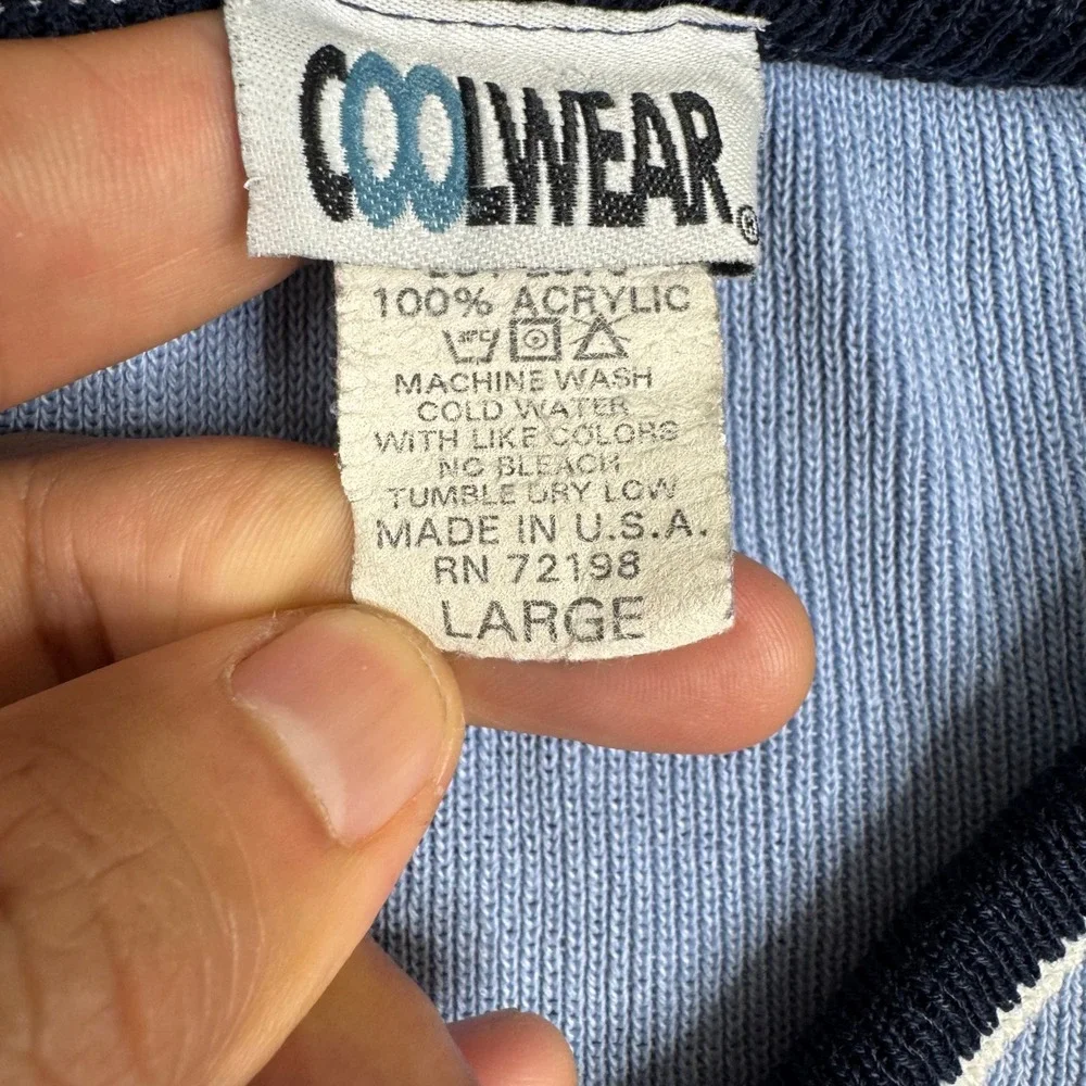 Coolwear Sweater Mens Large Blue Chevron Knit V-Neck Short Sleeve USA Made Retro